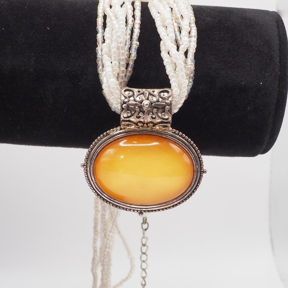 Choker Necklace Multi Strand Seed Bead Yellow Cabochon Pendant Silver Tone